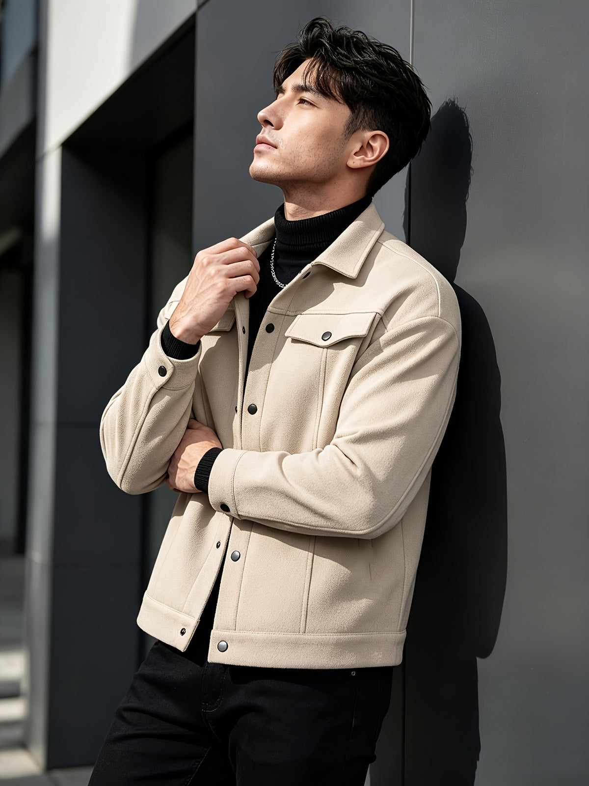 Autumn Winter Men'S Short Jacket Loose Lapel Cargo Coat Youth Solid Color All-Match Casual Top - Apricot