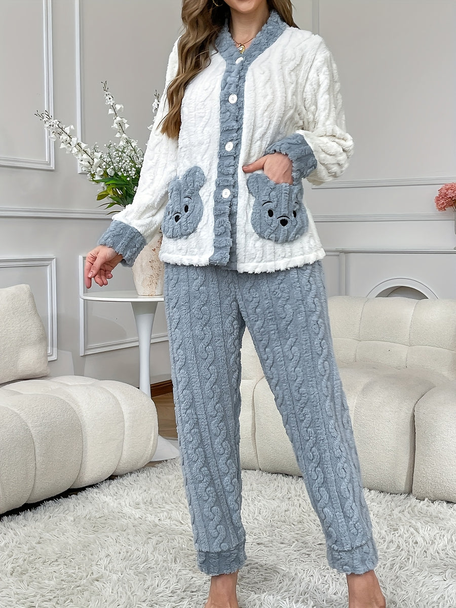 Plus Size 25AW Homewear Trend New Autumn/Winter Women's Pajama Cardigan Set with Long Sleeves and Long Pants, Embroidered Bear Pocket Design, Warm, Comfortable, Casual, Jacquard Loose Fit Loungewear - Bright Steel Blue