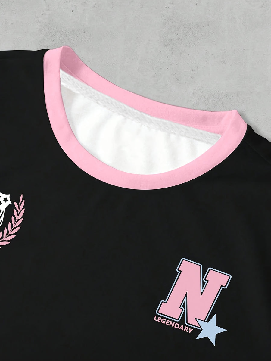 Women's Casual Streetwear Drop-Shoulder T-Shirt with Drop-Shoulder Sleeves, Featuring "71.12cm Numeric and Letter Print, Y College Style, the Perfect Gift for Friends and Family - Black