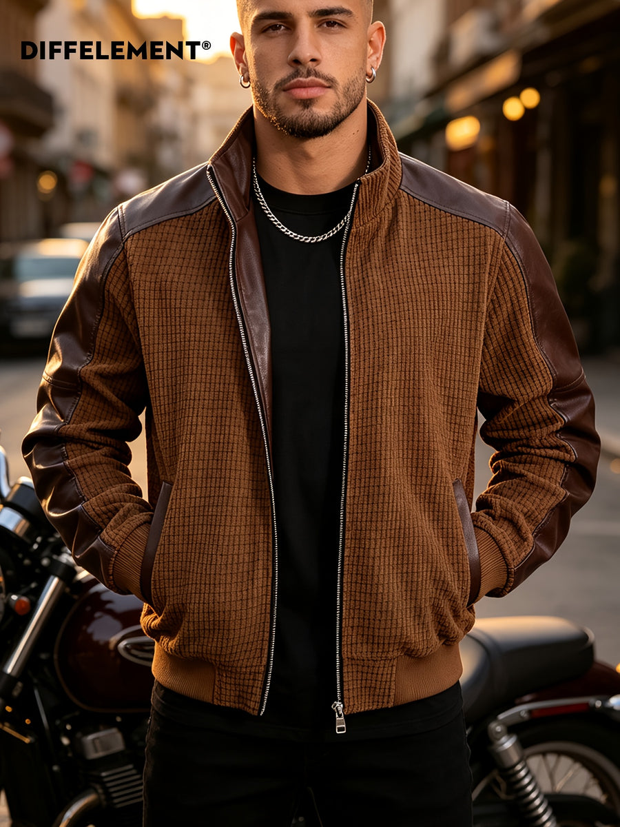 Adult Men'S Stand-Up Collar Patchwork Motorcycle Jacket for Daily Outing Windproof Casual All-Match Single Wear Inner Layer Plaid Knit Patchwork Fabric Fitted Short Stand-Up Collar Style Street Riding Commute Spring Autumn Wear Metal Zipper Ribbed C - Dark Brown