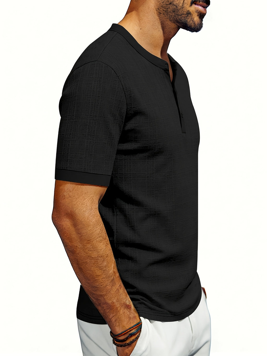 Men'S Loose Casual Henley Short-Sleeve Shirts for Summer - Black