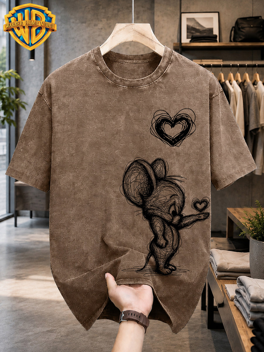 Warner Bros. Licensed Men'S Washed Retro T-Shirt, Sketch Style Classic Cartoon Character Kissing Heart Print, Hand-Drawn Line Graffiti Loose Round Neck Short Sleeve Top, Western Street Trendy Casual Summer Men'S Clothing - Coffee Color