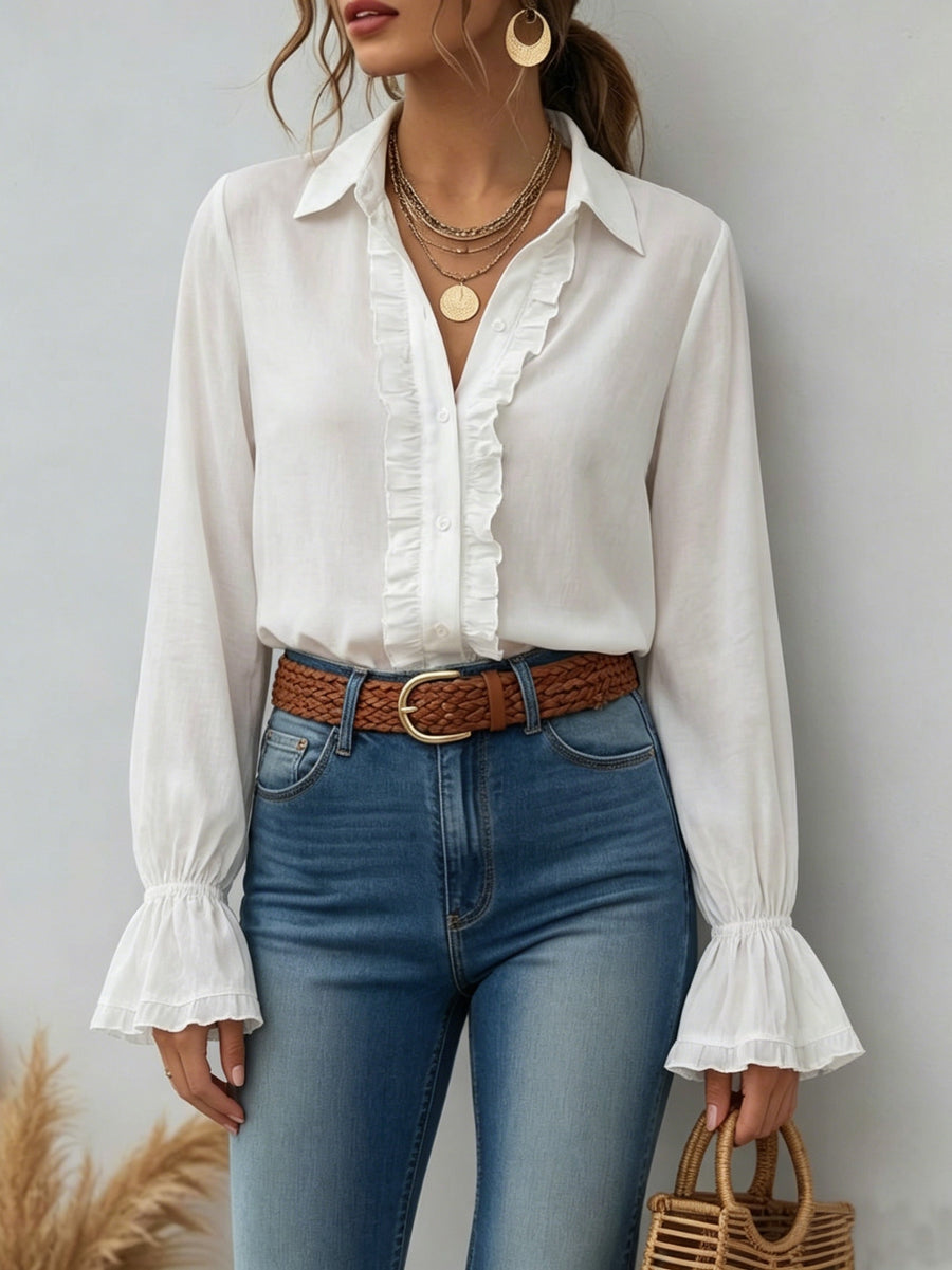 Women'S Solid Elegant Ruffled Button-Up Long Sleeve Shirt - White