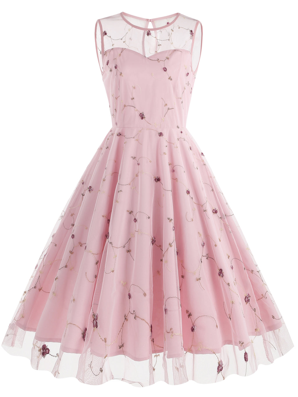 Women's Round Neck Sleeveless Mesh Embroidered Dress for Vacation, Elegant Gatherings, Parties, Floral Wedding Season, Back-to- Season, and Dates - Pink Color