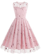 Women's Round Neck Sleeveless Mesh Embroidered Dress for Vacation, Elegant Gatherings, Parties, Floral Wedding Season, Back-to- Season, and Dates - Pink Color