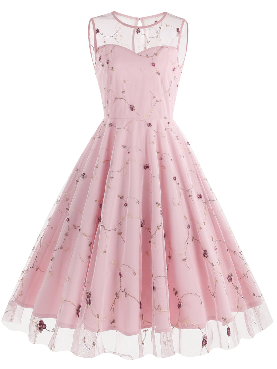 Women's Round Neck Sleeveless Mesh Embroidered Dress for Vacation, Elegant Gatherings, Parties, Floral Wedding Season, Back-to- Season, and Dates - Pink Color