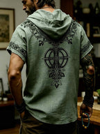 Men's Tree of Life Hooded T-Shirt - European & American Streetwear Style Short-Sleeve Top with Hood, Tree of Life Print, Machine Washable Regular Fit Casual Shirt Suitable for Casual Attire, Brand Label - Olive Green