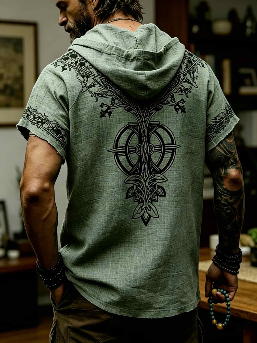 Men's Tree of Life Hooded T-Shirt - European & American Streetwear Style Short-Sleeve Top with Hood, Tree of Life Print, Machine Washable Regular Fit Casual Shirt Suitable for Casual Attire, Brand Label - Olive Green