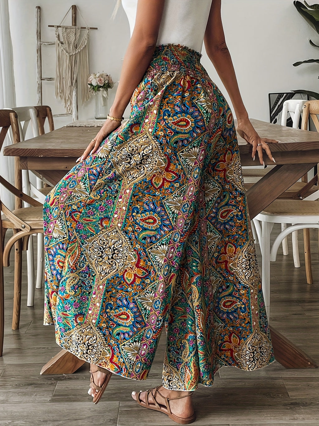 Women'S Vibrant Paisley Print High-Waist Wide-Leg Pants - Perfect for Vacation, Spring/Summer/Fall, Casual Style, Vacation Attire|Vibrant Paisley Pattern|Wide Leg Pants - Multicolor