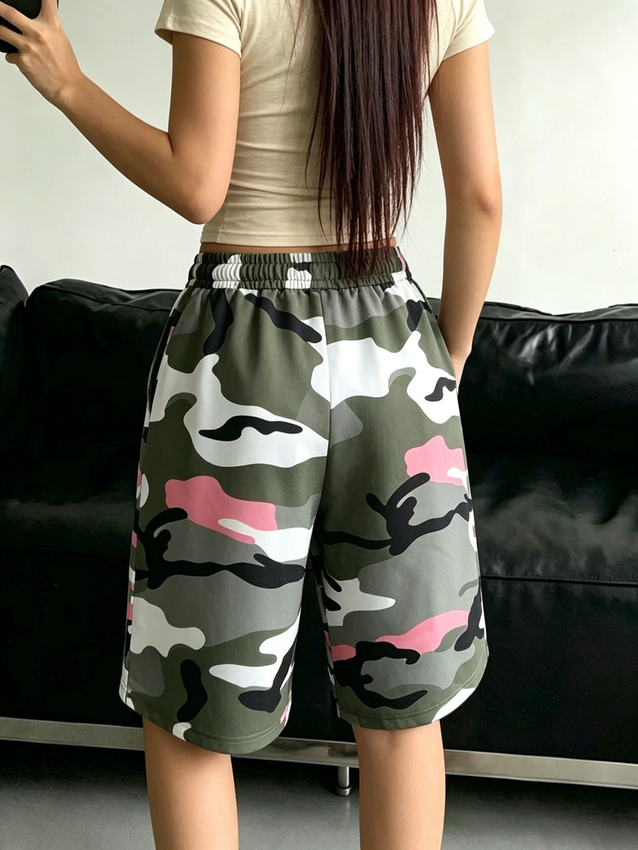 Street Style Camouflage Wide-Leg Shorts Women'S Summer Elastic Waist Casual Mid-Length Pants - Mixed colors