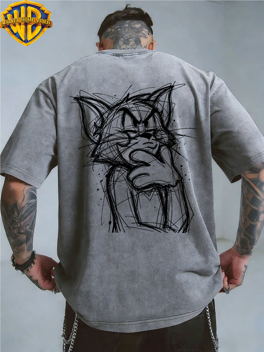 Warner Bros. Official License, Classic Cartoon Character Angry Raging Hand-Drawn Line Art Print, American Retro Washed Distressed T-Shirt, Unisex, Machine Washable, Suitable for Daily Commute And Outdoor Wear - Grey