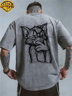 Warner Bros. Official License, Classic Cartoon Character Angry Raging Hand-Drawn Line Art Print, American Retro Washed Distressed T-Shirt, Unisex, Machine Washable, Suitable for Daily Commute And Outdoor Wear - Grey