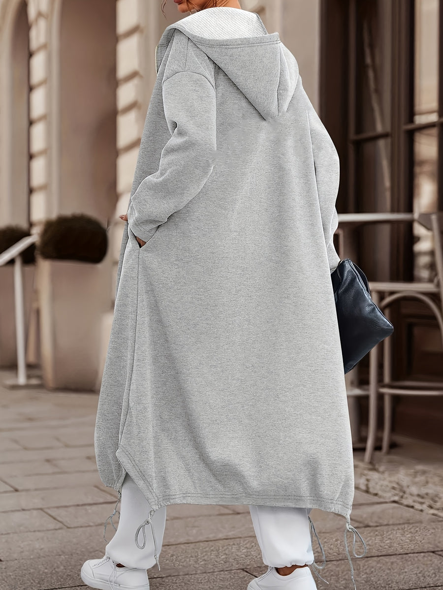 Spring and Autumn European and American Casual Middle Eastern Imitation Small Hoodie | Long Sleeved Double Headed Zipper Open Placket Hooded Hoodie Long Coat - Light Grey