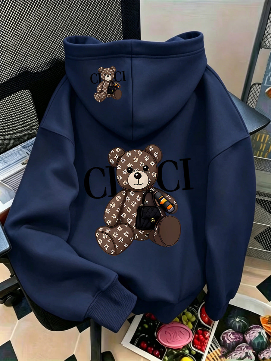 Women Hoodie Sweatshirt, Retro Floral Bear Letter Graphic Pullover Top, Casual Loose Fit Trendy Cartoon Hooded Sweatshirt, S-XXL - Navy Color