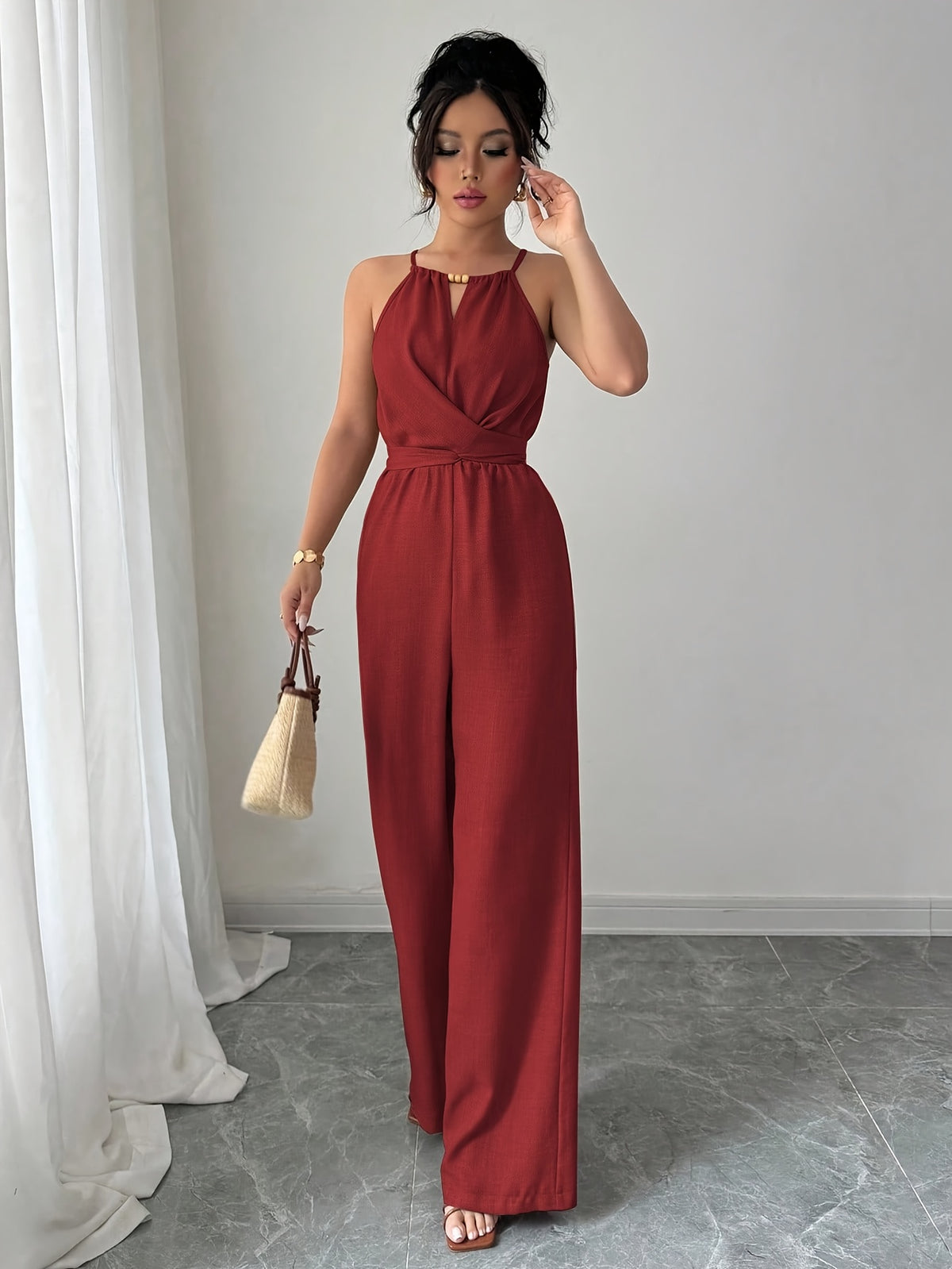 Women's Spring/Summer Casual Pleated Strappy Twist-Waist Maxi Jumpsuit - Red