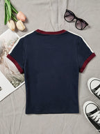 1pc New European American Women'S Contrast Trim Design Short Multicolor T-Shirt Slim Short Sleeve - Cartoon Fun Retro Individual Niche Y2K Dark Gothic Style Easy Creative Heart Spider Web Pattern Print Design Fashion Sweet Cool Trendy Street Hot Sty - Navy Color