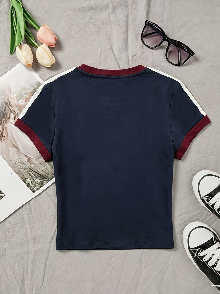 1pc New European American Women'S Contrast Trim Design Short Multicolor T-Shirt Slim Short Sleeve - Cartoon Fun Retro Individual Niche Y2K Dark Gothic Style Easy Creative Heart Spider Web Pattern Print Design Fashion Sweet Cool Trendy Street Hot Sty - Navy Color