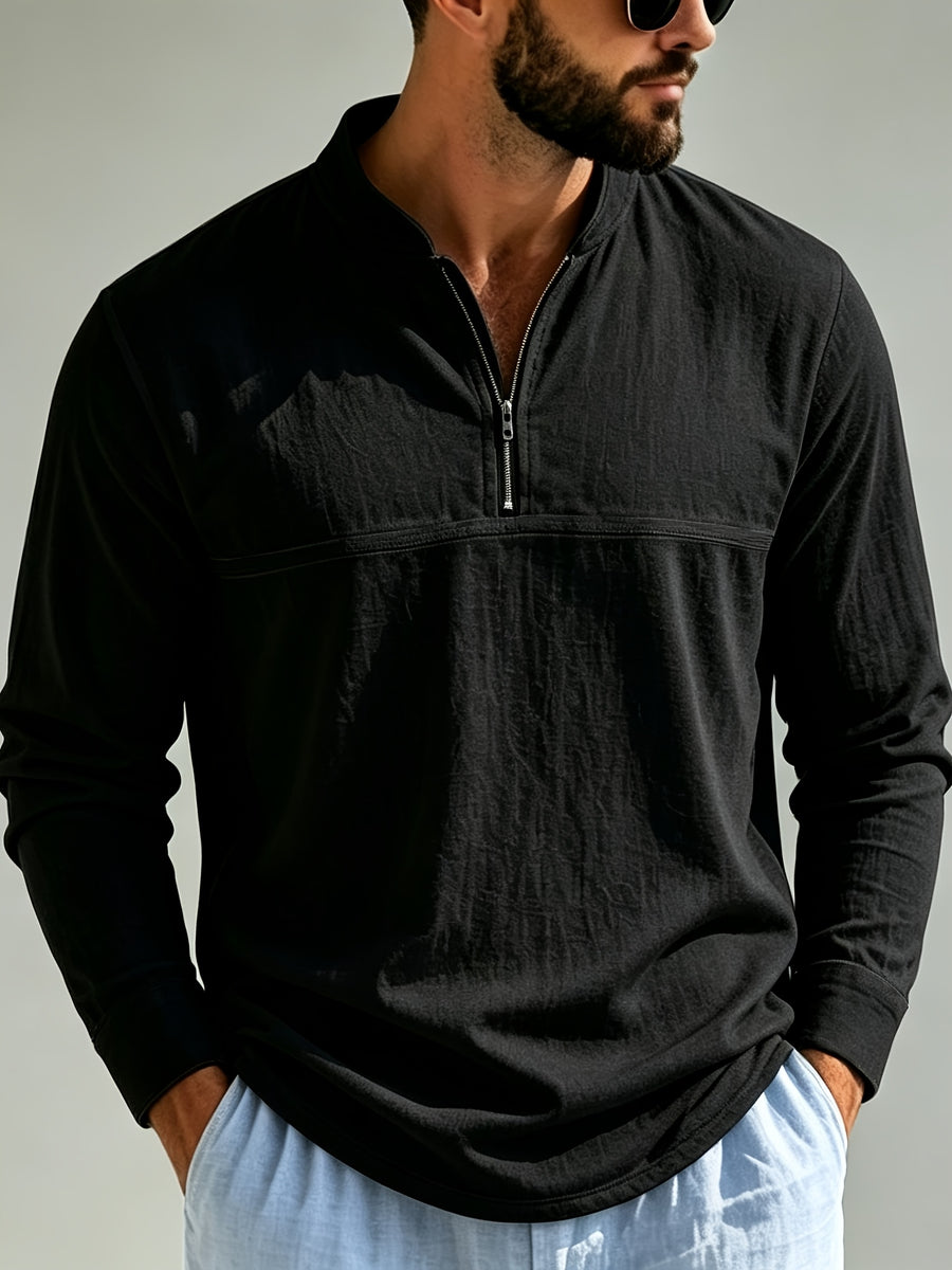 Men's Linen Long Sleeve Henley Shirt Stand Collar Loose Polo Shirt Men's Linen Zipper Casual Shirt - Black