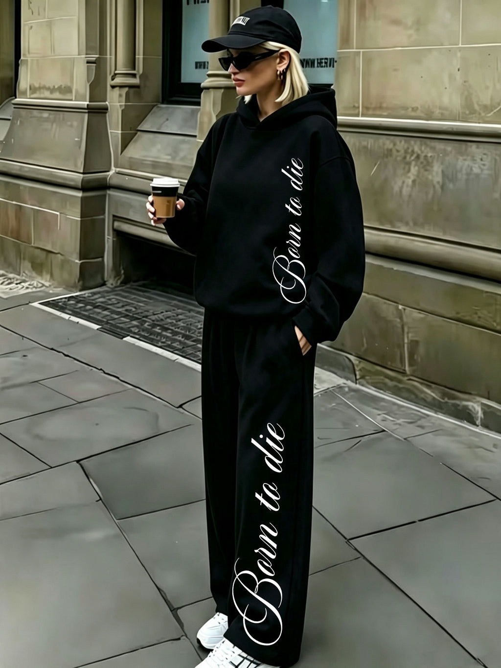Vintage Floral English Print Hooded Sweatshirt And Wide-Leg Long Pants Set, Cool Side Lettering Design Relaxed Casual Two-Piece Set Western Style Everyday Wear for Women - Black+black