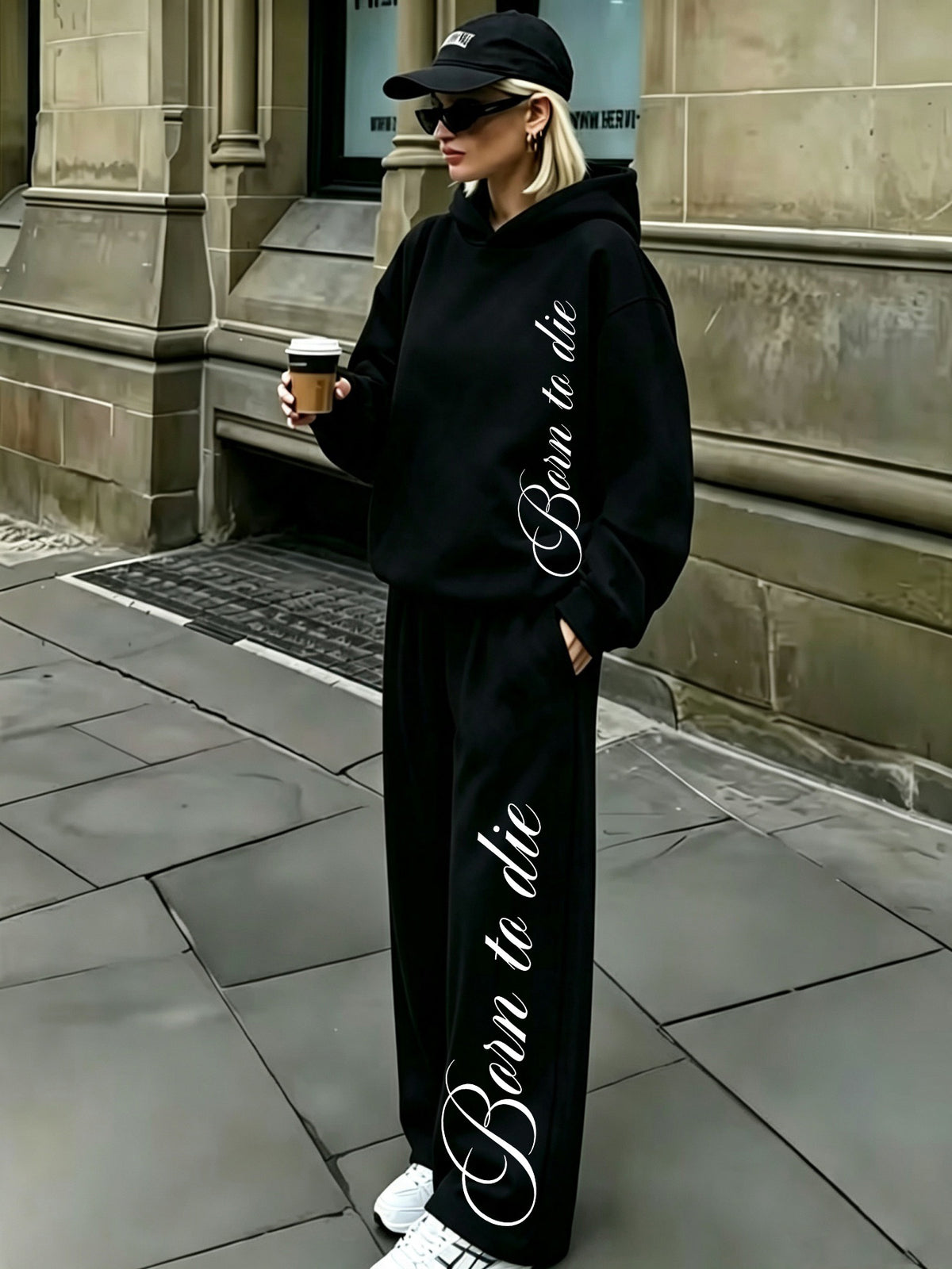 Vintage Floral English Print Hooded Sweatshirt And Wide-Leg Long Pants Set, Cool Side Lettering Design Relaxed Casual Two-Piece Set Western Style Everyday Wear for Women - Black+black