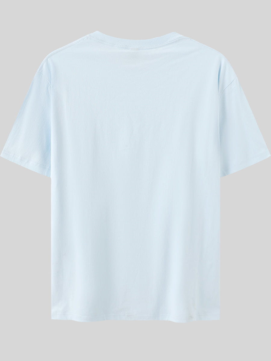 Men's 100% Pure Cotton T-Shirt, Los Angeles Letter Print, Comfortable and Breathable, for Spring/Autumn Casual Daily Wear - Light Blue Color