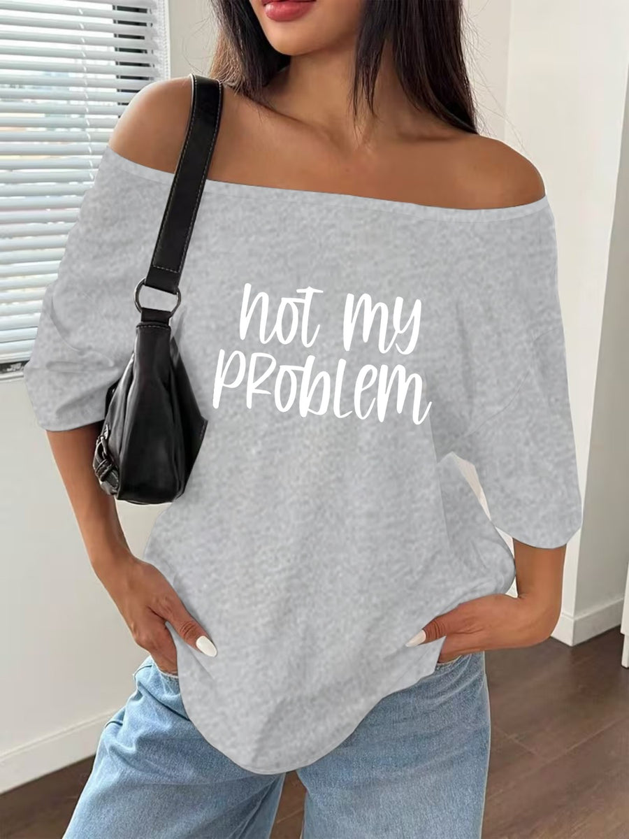 Women's Off-Shoulder Short Sleeve T-Shirt - Breathable Stretch Fabric Oversized Loose Fit Top with Off-Shoulder Neckline & Lettering Print, Soft Suitable for Spring Summer Beachwear, Casual Blouse for Layering - Grey