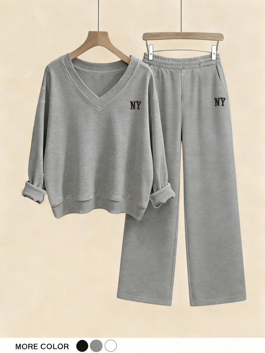 Fashion Spring Autumn Casual Long Sleeve V-Neck Sweatshirt And Pants Two-Piece Set, Casual Long Pants Suit - Light Gray + Light Gray
