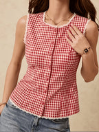 Charming Black And White Gingham Button-Up Top with Lace Trim, Ideal for Casual Chic Looks, Women's Gingham Top, Lace Trim Blouse, Casual Summer, Vintage Style Top, Button-Up Fashion - Red