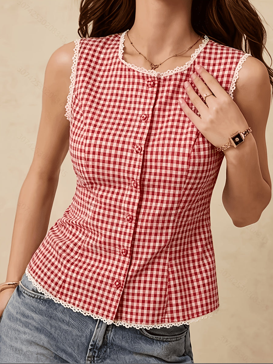 Charming Black And White Gingham Button-Up Top with Lace Trim, Ideal for Casual Chic Looks, Women's Gingham Top, Lace Trim Blouse, Casual Summer, Vintage Style Top, Button-Up Fashion - Red