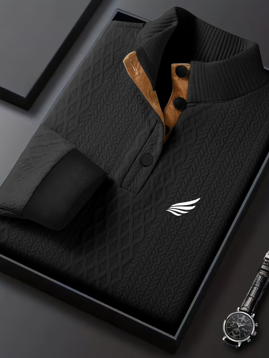 Men's New Jacquard Top with Textured Classic Stand Collar to Enhance Neckline, Half-Button Placket Continuing Vintage Henley Style, Patchwork Design Fashion Knit Shirt - Black