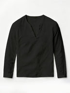Henley Shirt Men'S Linen Long Sleeve Seasonal Lightweight Breathable V-Neck Loose Beach Vacation Casual Top - Black