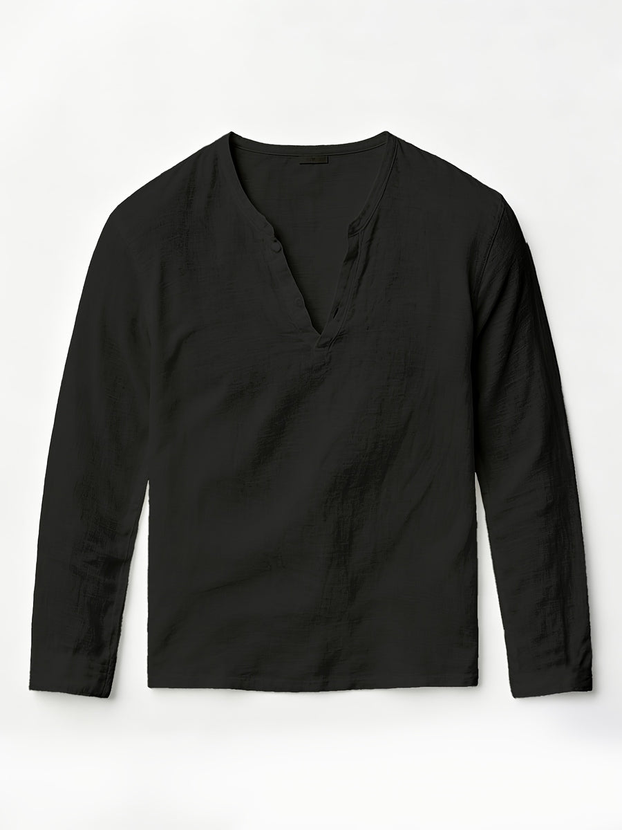 Henley Shirt Men'S Linen Long Sleeve Seasonal Lightweight Breathable V-Neck Loose Beach Vacation Casual Top - Black