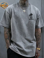 Sunglasses Pocket Rabbit Roadrunner Front And Back Print Washable T-Shirt, American Retro Distressed Style Loose Short Sleeve, Unisex Machine Washable T-Shirt, Suitable for Daily Wear, Commuting And Outdoor Outfits - Grey