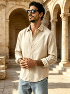 Men's Button Front Long Sleeve Shirts for Summer, Classic Solid Color Lapel Casual Work Shirts, Loose Fit Lightweight Breathable Daily Tops, Vintage Fashion Outdoor Vacation Blouses - Khaki