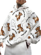 Digital Print - Men'S Cartoon Teddy Bear All-Over Print Hooded Pullover Sweatshirt, Spring/Autumn Long Sleeve Top, White Cute Bear Letter Print Kangaroo Pouch Hoodie, Casual Loose Knit Outerwear - Mixed colors