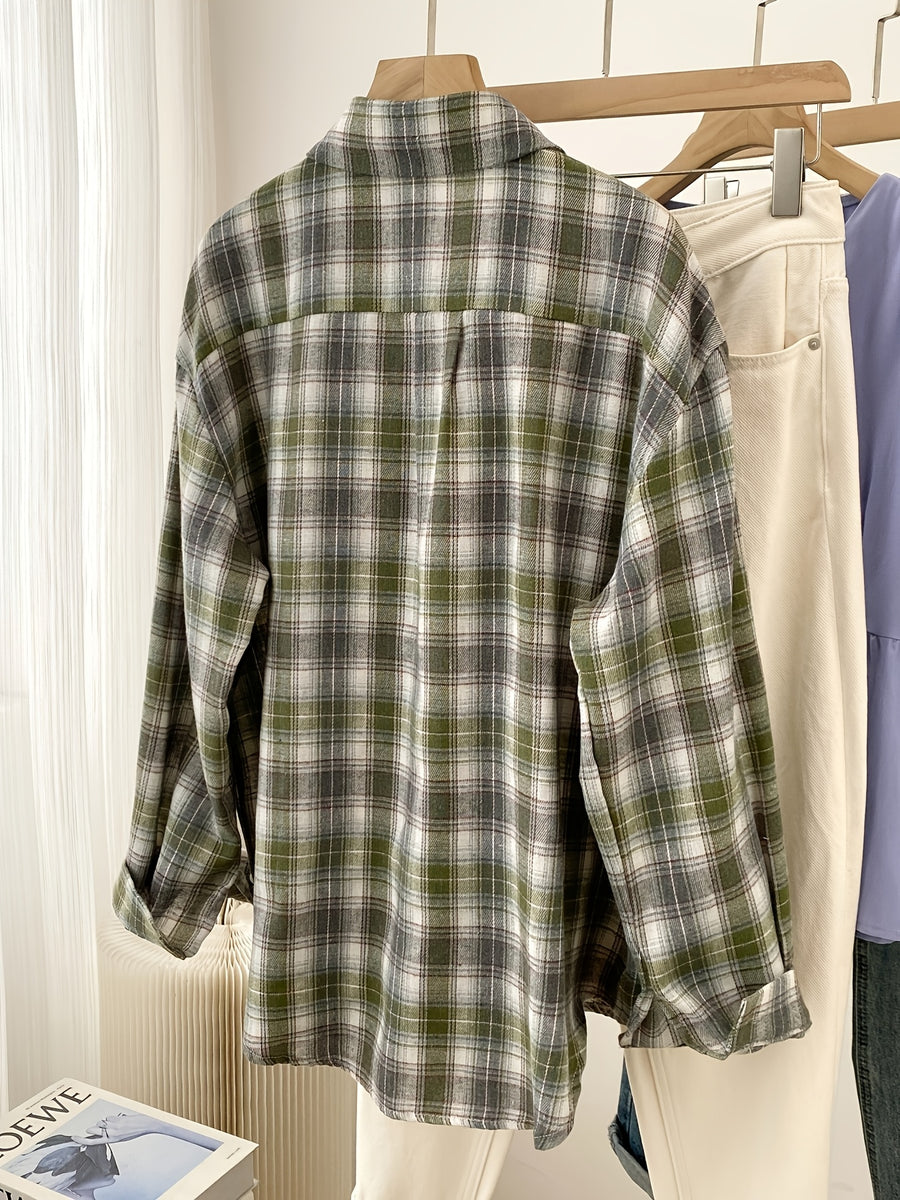 Women'S Shirt Multicolor Brushed Plaid Shirt Loose Top - White Green