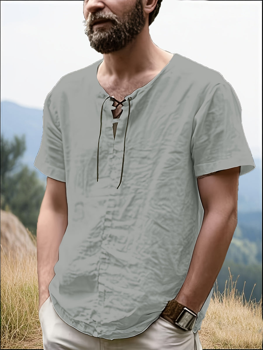 Men's Casual T-Shirt, Versatile Summer Short-Sleeve Top, Fashionable Solid Color Sweatshirt, Crew Neck with Drawstring Design - Lightweight and Breathable, Machine Washable, Suitable for Daily Wear and Outdoor Leisure - Light Grey