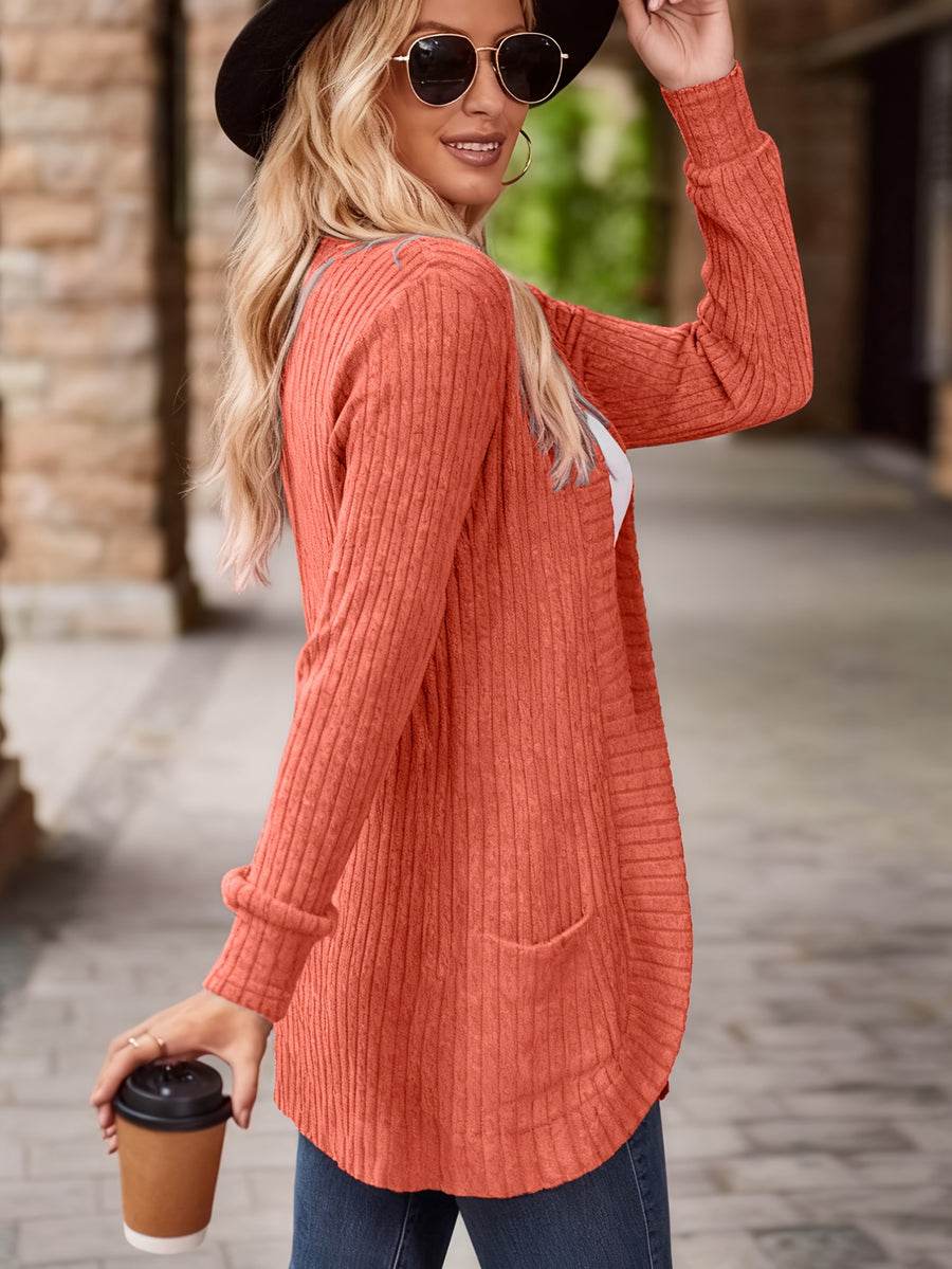 Women's Solid Color Brushed Casual Spliced Long Sleeve Cardigan - Orange-Red