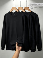 Men'S Round Neck Casual Drawstring Long Sleeve T-Shirt 3pcs Set, Comfortable Soft All-Season Wear, Solid Easy Basic Style Base Layer, Teen Style Top Gift - Black+black+black