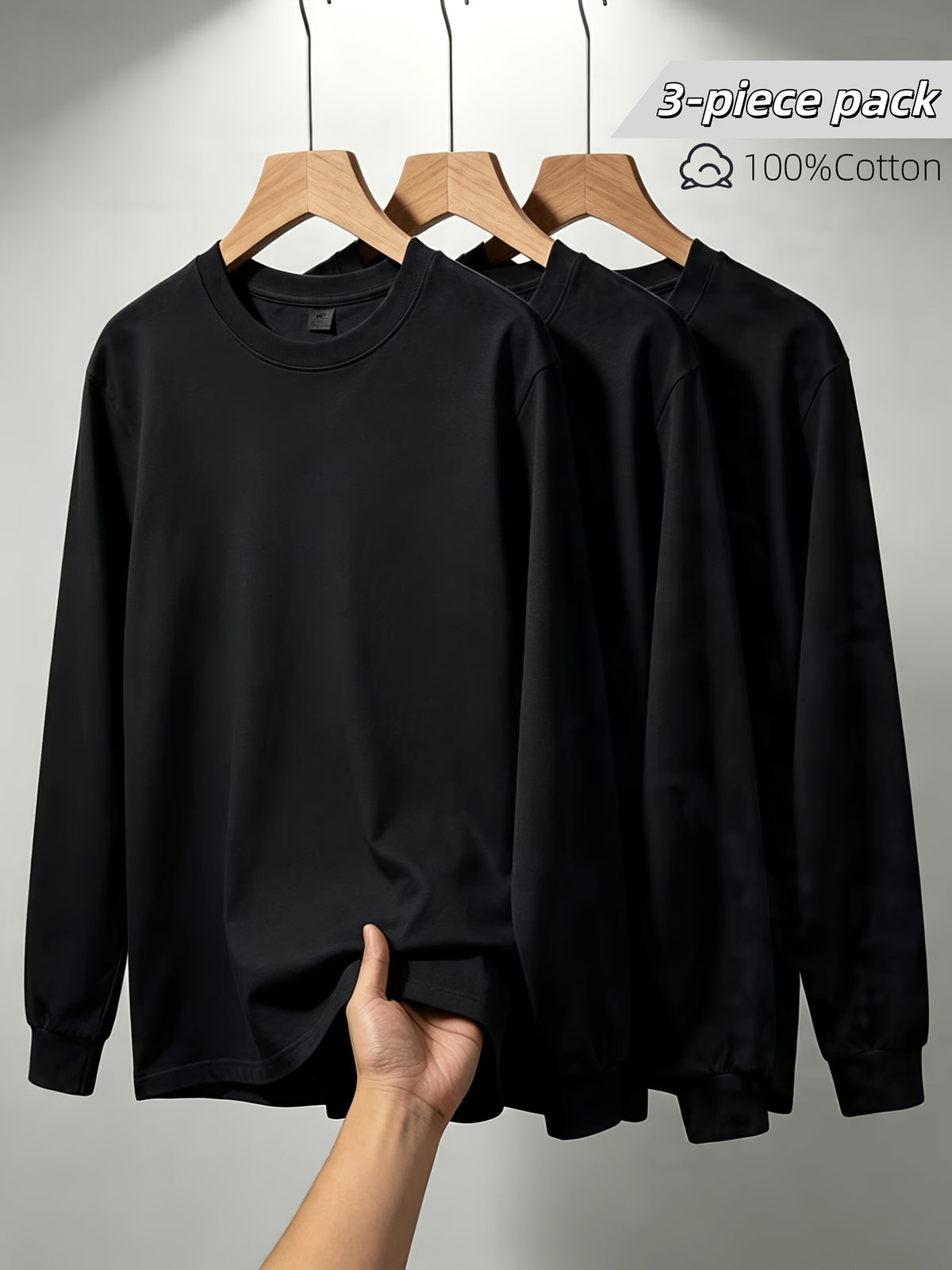 Men'S Round Neck Casual Drawstring Long Sleeve T-Shirt 3pcs Set, Comfortable Soft All-Season Wear, Solid Easy Basic Style Base Layer, Teen Style Top Gift - Black+black+black