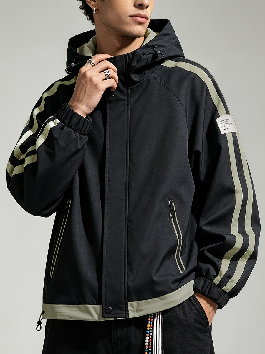 American Color-Block Striped Men'S Hooded Jacket Spring Autumn Drawstring Sports Jacket Ins Trendy Casual Windbreaker - Black