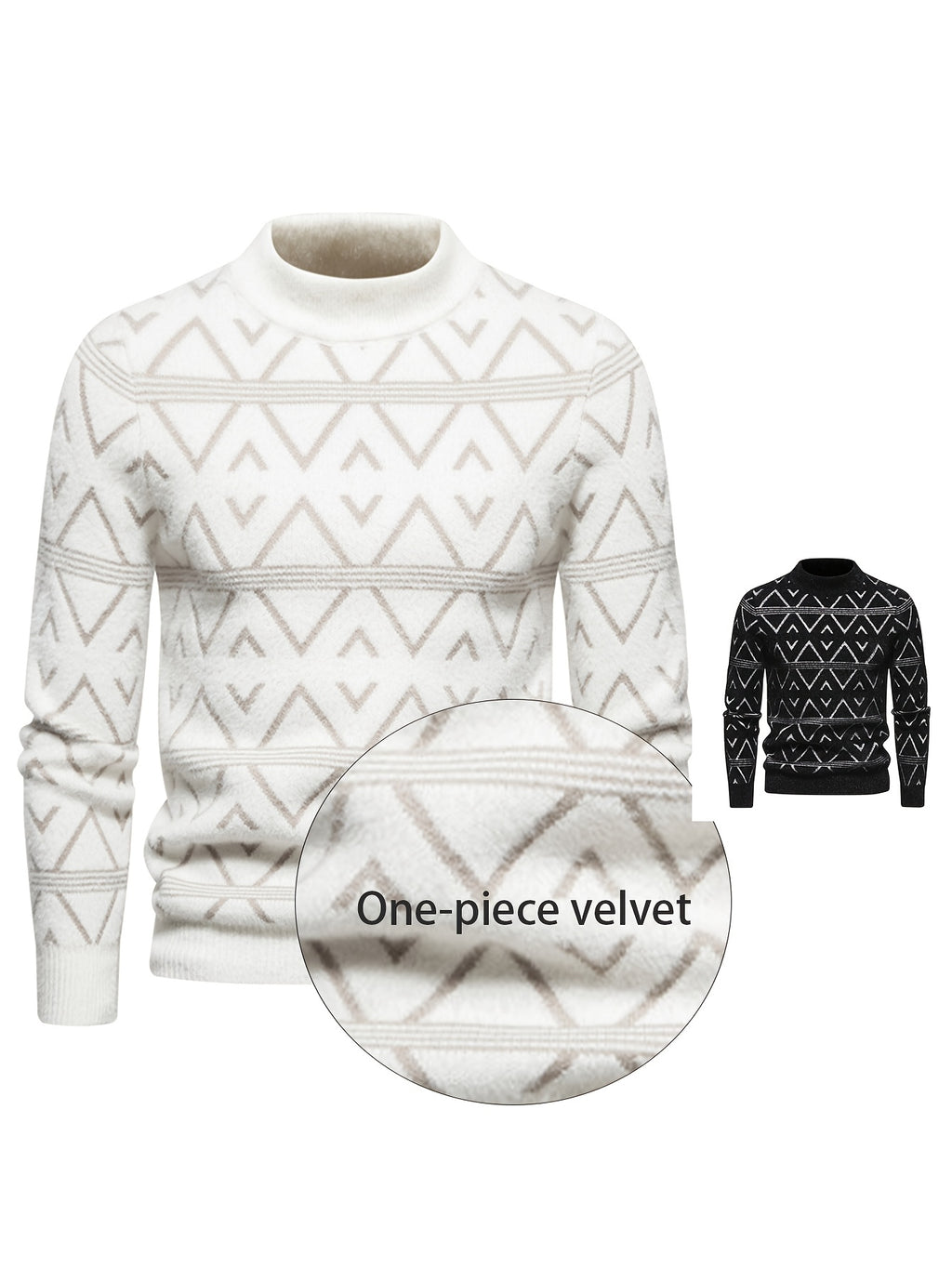 SENMEIGUO 2026 Autumn/Winter New Fashionable Jacquard Men'S Half High Collar Knitted Sweater, Color Contrasting Casual Warm Top - White