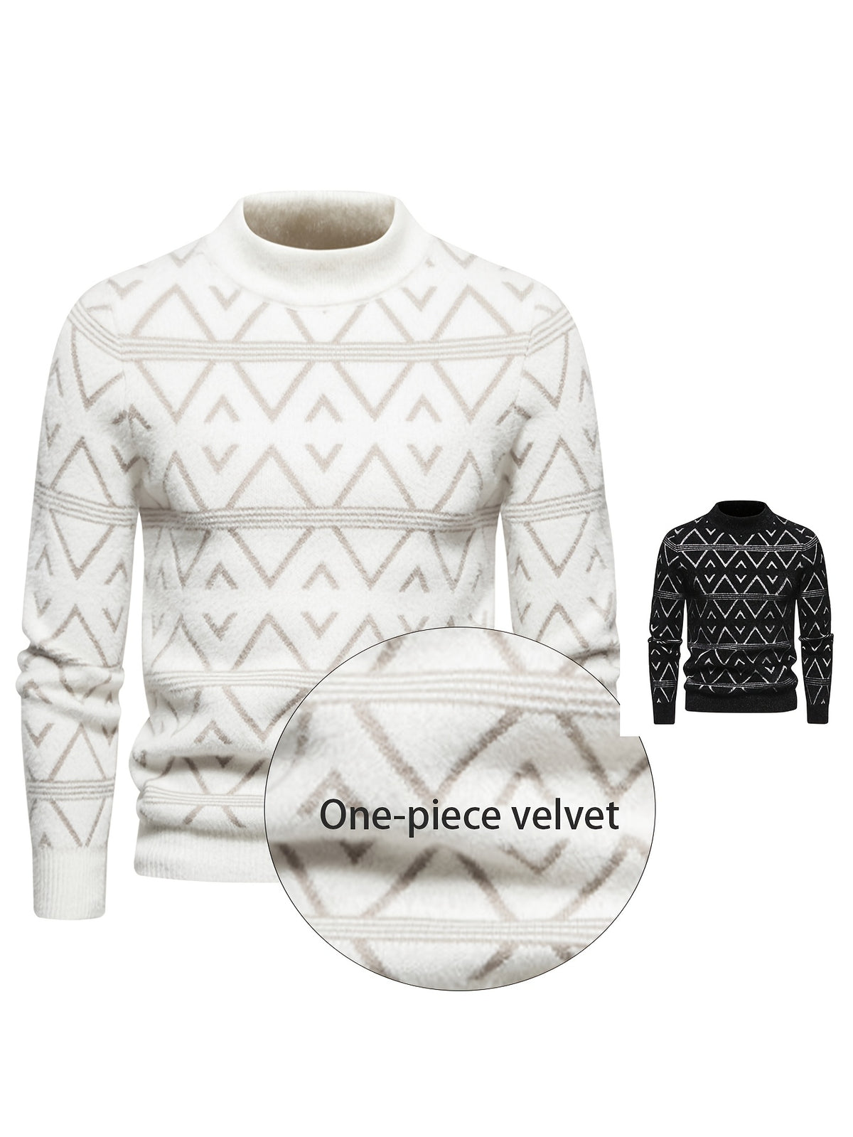 SENMEIGUO 2026 Autumn/Winter New Fashionable Jacquard Men'S Half High Collar Knitted Sweater, Color Contrasting Casual Warm Top - White