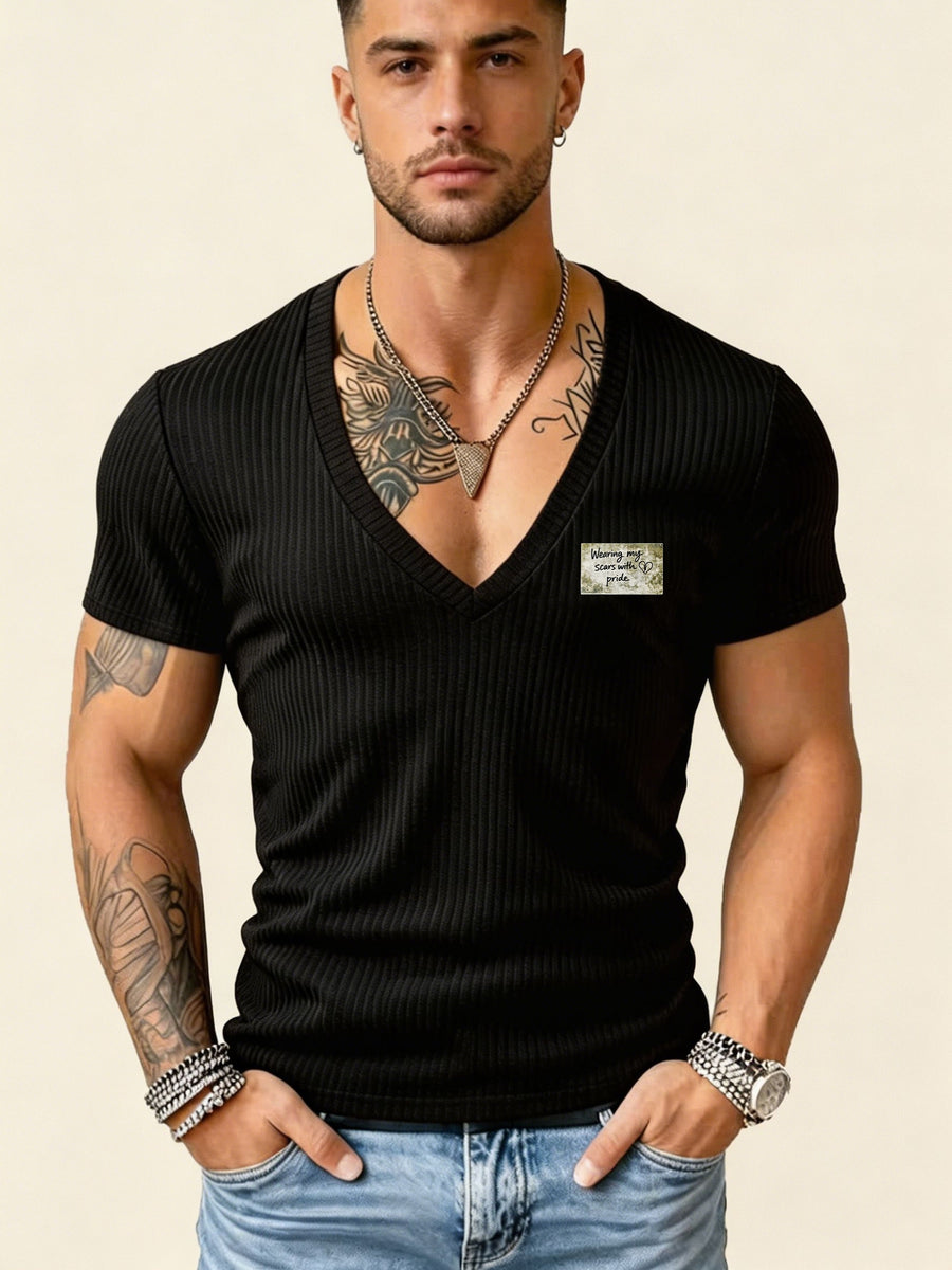 Versatile Vertical Stripe Short-Sleeve T-Shirt for Men, Deep V-Neck Textured Slim Fit Top for Commuting and Fitness - Black 2