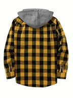Men's Fashion Hooded Plaid Trendy Shirt Hooded Plaid Sweatshirt, Autumn/Winter Essentials, New Season - Bright Yellow