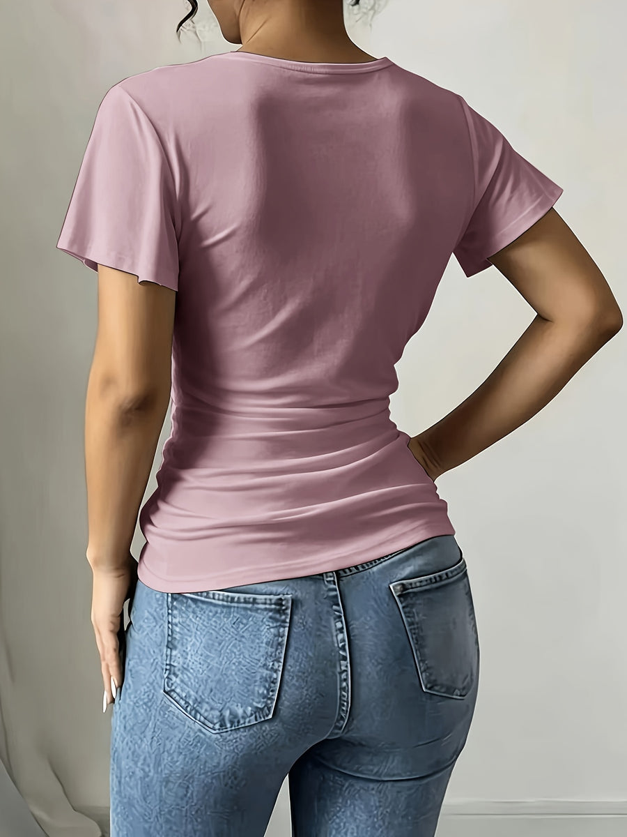 Women'S Spring Summer Casual V-Neck Solid Color Commuter T-Shirt - Pink