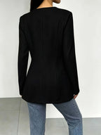 New Autumn/Winter Women's Solid Color Round Neck Long Sleeve Waist-Cinching Single-Breasted Jacket Outerwear - Black