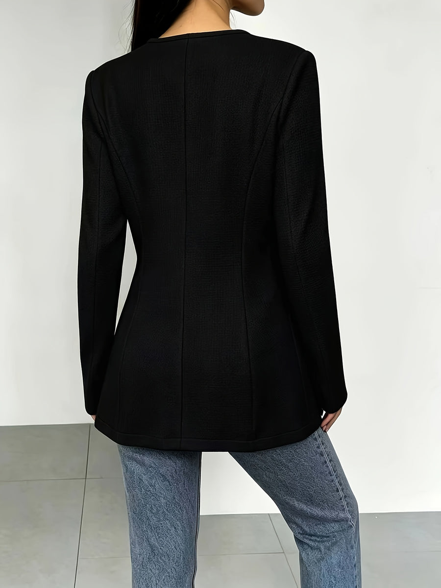 New Autumn/Winter Women's Solid Color Round Neck Long Sleeve Waist-Cinching Single-Breasted Jacket Outerwear - Black