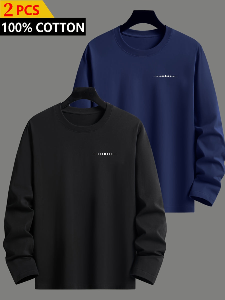 2pcs Set, 100%, Spring/Autumn Long Sleeve Men'S T-Shirt, Easy Fashion Pattern, Round Neck Base Layer, Easy Fashion Fit, Casual Outing Essential, Machine Washable - Mix colors 11
