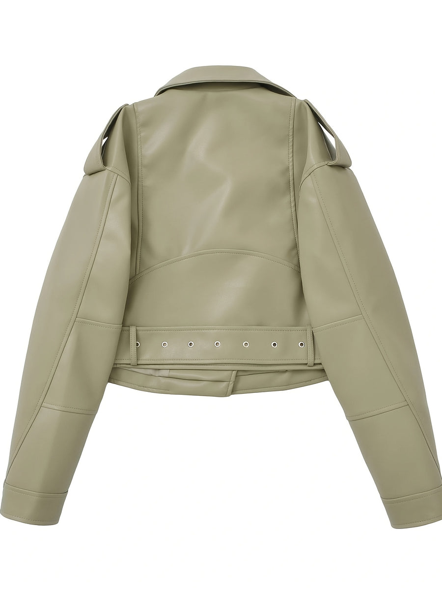2025 Short Faux Leather Jacket Spring Autumn American Retro Temperament Biker Jacket Top Women'S Clothing - Light Green